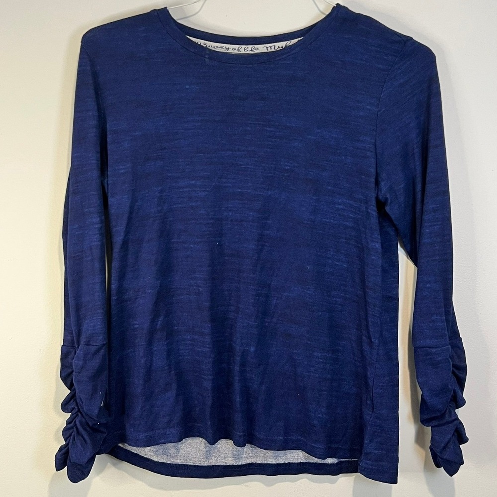 Muk Luks Size PS Blue Marbled Butter Knit Long Sleeve Top Ruched Sleeve Detail